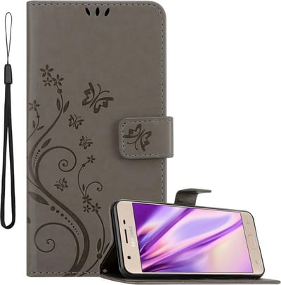 Cadorabo Hoesje geschikt voor Samsung Galaxy J3 2018 in BLOEMEN GRIJS - Beschermhoes in bloemmotief met magnetische sluiting, standfunctie en kaartsleuven Book Case Cover Etui