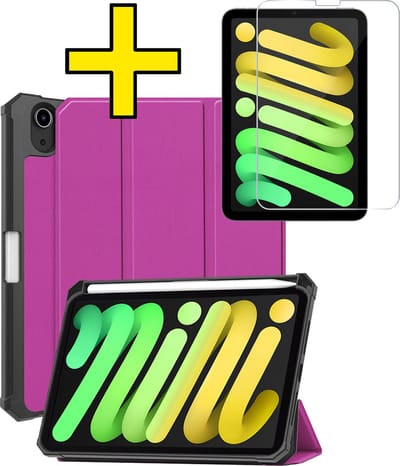 Hoes - Geschikt voor Apple iPad Mini 7 (2024) - 8.3 inch - 7e Generatie - Met Screenprotector - Trifold Bookcase - Hard Cover Case - Met Uitsparing Geschikt voor Apple Pencil - Hardcover Book - Tablet Hoesje - Paars