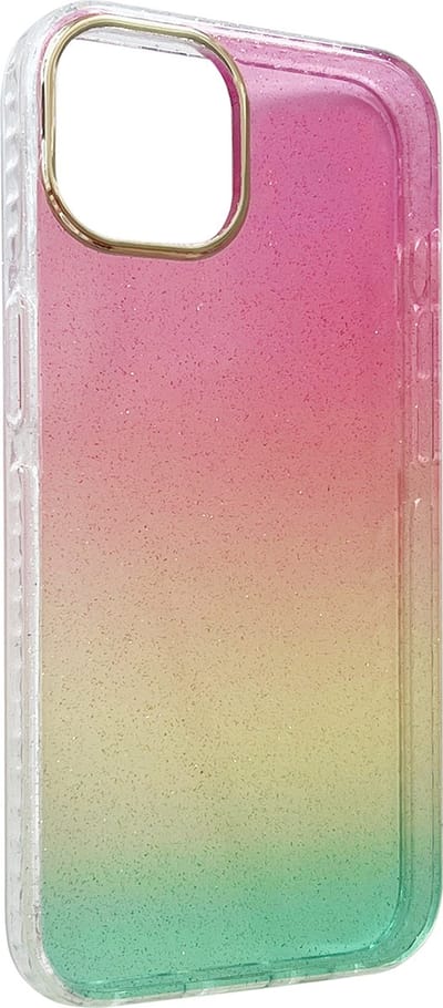 Casemania Hoesje Geschikt voor Apple iPhone 12 / 12 Pro - Roze / Geel - Extra Stevig Glitter Regenboog Siliconen Back Cover