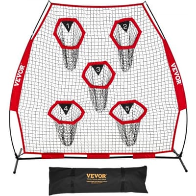 VEVOR Football Coach Throwing Net Practice Net (2170 x 1255 x 2230 mm) met 5 doelvakken, draagbare opbergtas en boogframe, training voor quarterback-passnauwkeurigheid, rood