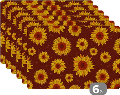 Placemat - Placemats kunststof - Zonnebloem - Bohemian - Flora - Patroon - 45x30 cm - 6 stuks - Hittebestendig - Anti-Slip - Onderlegger - Afneembaar