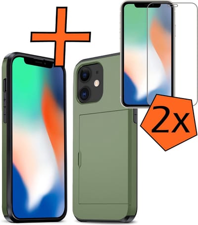 Hoesje Geschikt voor iPhone 11 Hoesje Pasjeshouder Shockproof Hard Case Met 2x Screenprotector - Hoesje Geschikt voor iPhone 11 Hoes Met Kaarthouder - Donkergroen