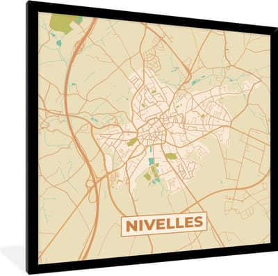 Fotolijst incl. Poster - Kaart - Retro - Stadskaart - Plattegrond - Nijvel - 40x40 cm - Posterlijst