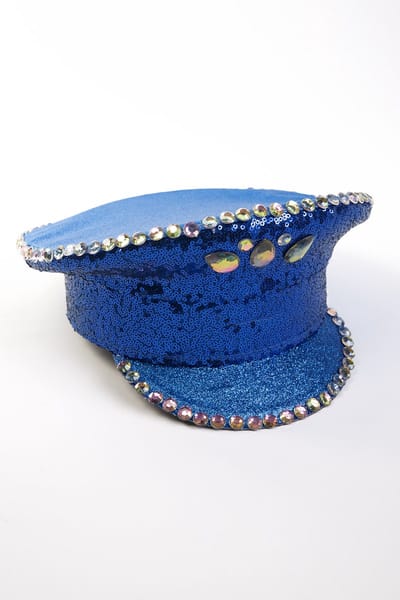 KIMU® Pet Blauwe Kapiteinspet - Maat 59 - Diamanten Blauw Glitter - Glitters Hoed Cap Politiepet Schipperspet Officierspet Steentjes Toppers Festival