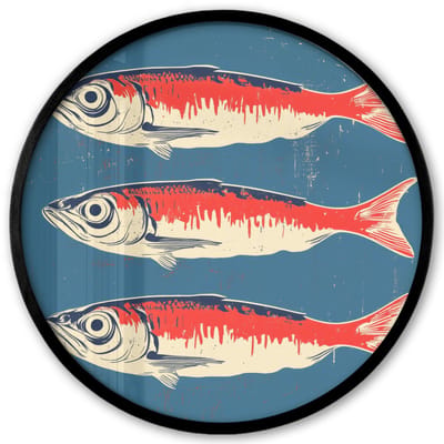 Poster in lijst Rond - Fotolijst 40x40 cm - Posters - Vissen - Rood - Blauw - Ronde posterlijst zwart - Decoratie - Wanddecoratie woonkamer - Muurdecoratie slaapkamer