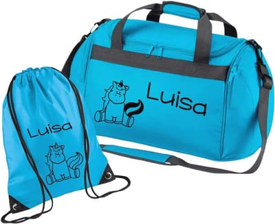 Gepersonaliseerde sporttas voor meisjes met eenhoorn | Reistas en schoudertas | Duffle bag turquoise | 2-delige set