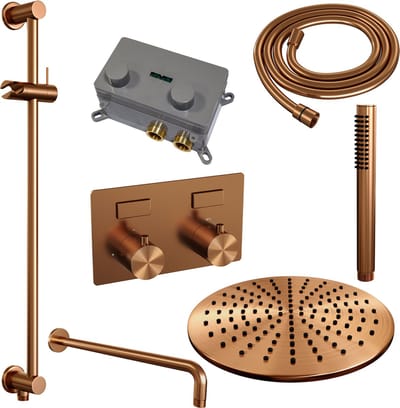 Brauer Copper Edition thermostatische inbouw regendouche met drukknoppen SET 64 met 30 cm douchekop en gebogen muurarm en staaf handdouche en doucheslang en geïntegreerde glijstang koper geborsteld PVD