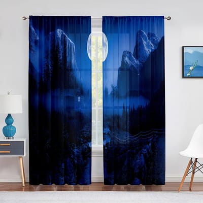 Nachthemel Maan Sterren en Bosmeer Transparante Voile Gordijnen voor Slaapkamer Woonkamer Keuken Tule Gordijnen Chiffon Raam Draperieën 1 PCS W100XH250cm&Grommet Top