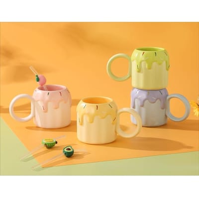 Cartoon Fruit Relief Mok Hoge Waarde Keramische Beker met Rietje Souvenir Cadeau Beker Leuke Waterbeker Koffiekop 450ml beige