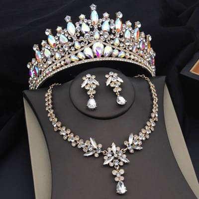 Paarse Kristallen Tiara's en Ketting Oorbellen Kroon Bruids Sets Sieraden Prinses Koningin Bruid Bruidsjurk Kostuum Accessoires gray