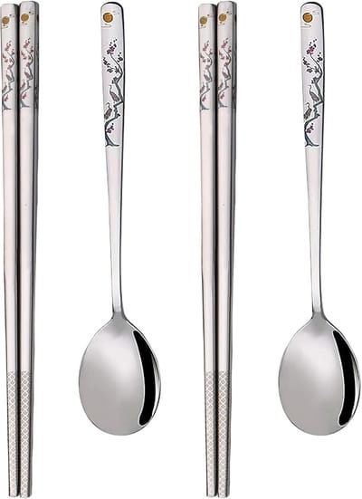 Eetstokjes set, 18/8 roestvrij staal Multicolor lasergravure Chop sticks en lepel, metalen herbruikbare eetstokjes en lepel set, set van 3 (stijl MH)