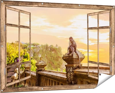 Gards Tuinposter Doorkijk Aap op de Uluwatu Tempel in Bali - 150x100 cm - Tuindoek - Tuindecoratie - Wanddecoratie buiten - Tuinschilderij