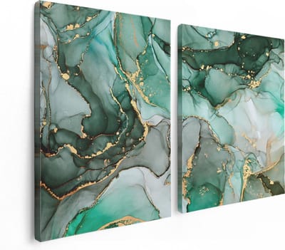 Artaza Canvas Schilderij Tweeluik Abstracte Kunst - Blauwe Marmer met Goud - 120x80 cm - Wanddecoratie Woonkamer - Schilderijen - Muurdecoratie