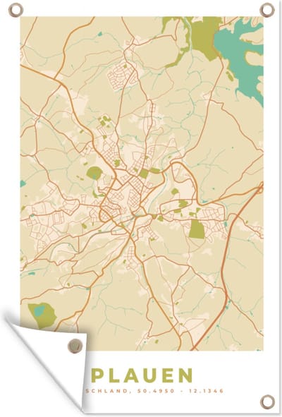 Muurdecoratie Plauen - Plattegrond - Kaart - Vintage - Stadskaart - 120x180 cm - Tuinposter - Tuindoek