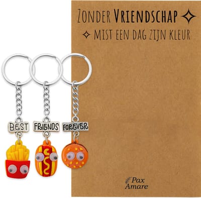 BFF Sleutelhanger voor 3 'Zonder Vriendschap mist een dag zijn kleur' - Fast Food Friends - Sleutelhanger set op Cadeau Kaartje - Zilverkleurig - Vriendschap Symbool - Pax Amare