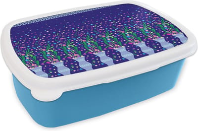 Broodtrommel Blauw - Lunchbox - Brooddoos - Bloemen - Patronen - Lente - 18x12x6 cm - Kinderen - Jongen