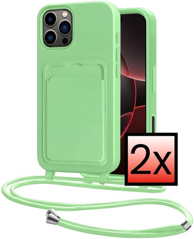 Hoes Geschikt voor iPhone 16 Pro Hoesje Pasjeshouder Cover Met Koord Case Siliconen Hoes Met Telefoonkoord en Kaarthouder - Groen - 2 PACK