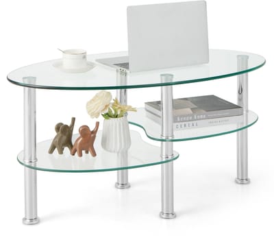 COSTWAY Salontafel van glas, glazen tafel, ovaal, woonkamertafel met 2 planken, banktafel, koffietafel, bijzettafel voor woonkamer, 89 x 50 x 45 cm