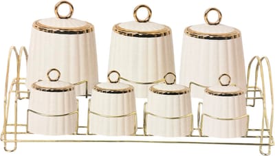 Almina Kruidenrek - 7 Kruidenpotjes - Porselein - 15-delig - Wit/Goud