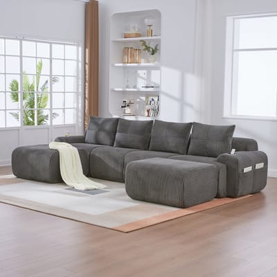 REDOM - Modulaire 4-Zitsbank Met Bekerhouder En Opbergvak - Modern - Voor Woonkamer - Ribstof - Donkergrijs - 333 x 174 x 80 cm