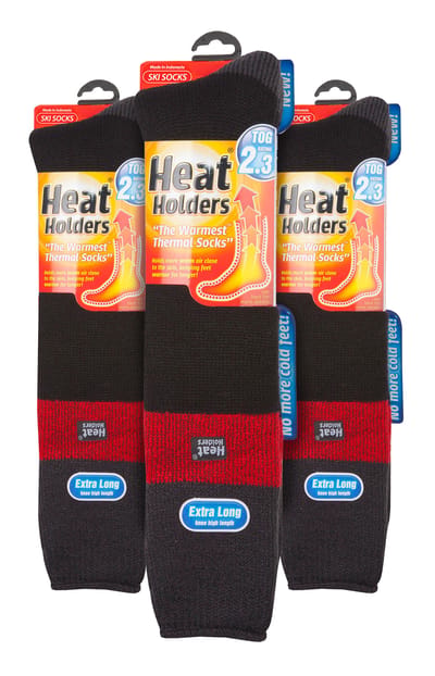 Heat Holders lange thermisch gestreepte skisokken voor heren - Zwart Rood