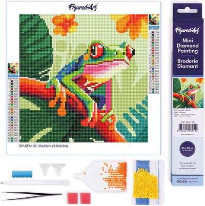 Figured'Art Mini Diamond Painting set Volwassenen 25x25 cm Tropische Roodogige Boomkikker - 5D DIY Art full drill ronde diamant - Opgerold canvas