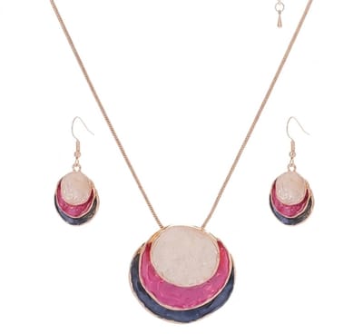 Goudkleurige ketting met ronde hanger en oorbellen voor dames – sieradenset met meerlaagse schijven in roze, blauw en wit