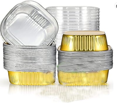 25 stuks vierkante aluminiumfolie cakevorm met deksels 325 ml/ 11 ons Mini Cupcake Cup Vorm met Deksels Wegwerp Dessert Vormen Flan Bakvormen voor Bruiloft Verjaardag Feest (Gouden)