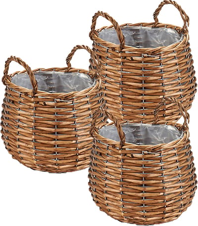 Set van 3x stuks plantenbak manden gevlochten riet met binnenmand 23 x 23 x 15 cm - Voor binnen/buiten