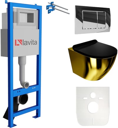 LAVITA LAV 101 SOFI SLIM GOLD BLACK - Inbouwreservoir WC 40cm - Chroom drukplaat - Rimless wandcloset - Toiletset