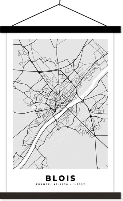 Posterhanger incl. Poster 40x60 cm - Schoolplaat - Frankrijk - Plattegrond - Kaart - Blois - Stadskaart - Textielposter - Zwarte latten - Stadskaart
