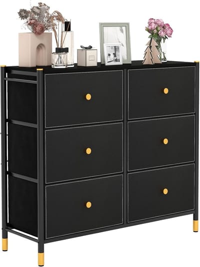 COSTWAY Stoffen commode met 6 laden, ladekast met metalen frame, dressoir met verstelbare voetkussens en kantelbeveiliging, mandrek voor woonkamer, slaapkamer, hal (6 laden)