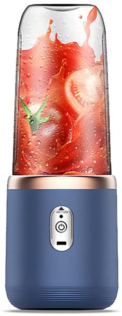 Elektrische mini-blender, 300 ml, draagbare blender, sapbeker, fles, fruitmixer, 1200 mAh, USB-oplaadbaar, met deksel, 6 messen voor het malen van het (blauw, 6 messen, deksel)
