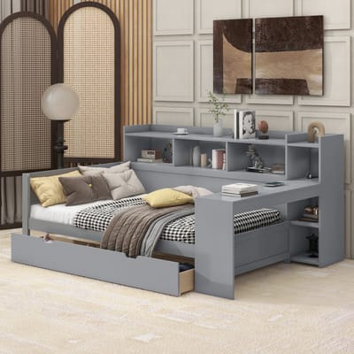 MEUNIQ bedbank 90 x 200 cm met bureau, USB en stopcontact, 2 lades en open opbergruimte, eenpersoons daybed zonder matras voor slaapkamer, grijs