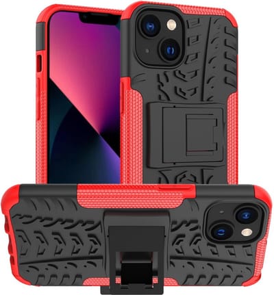 Peachy Shockproof Kickstand anti-slip kunststof en TPU hoesje geschikt voor iPhone 14 - rood
