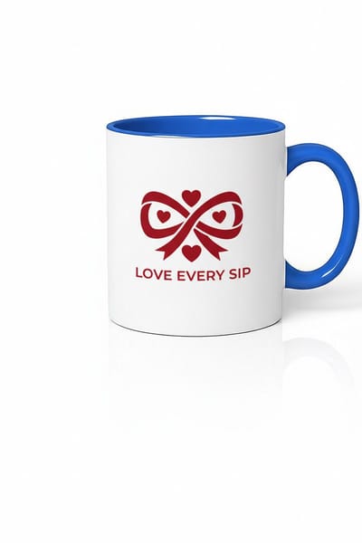 Liefde Mok 'Love Every Sip' Harten & Strik Design - Wit & Blauw Koffiemok