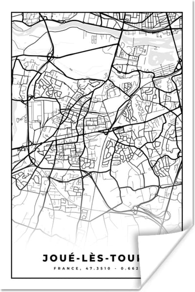 Poster Frankrijk - Kaart - Plattegrond - Joué-lès-Tours - Stadskaart - Zwart wit - 120x180 cm XXL