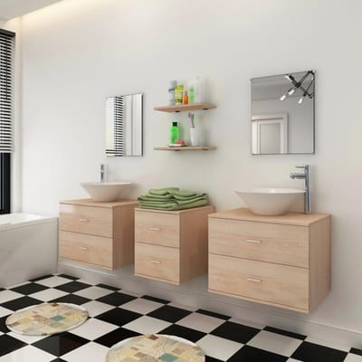 vidaXL - Badkamermeubelset - 9-delig - met - kraan - en - wasbak - beige