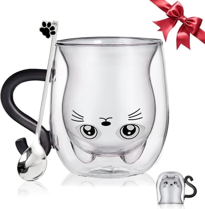 Schattige kattenmok van dubbelwandig glas voor koffie en thee, perfect als cadeau voor Valentijnsdag, verjaardagen of feestdagen voor vrouwen, moeders en leraren