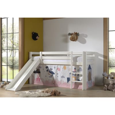 LUCEVI - Pino Halfhoogslaper H115CM + Ladder + Glijbaan + Princess Sophie Gordijntjes - Wit - 90x200 cm