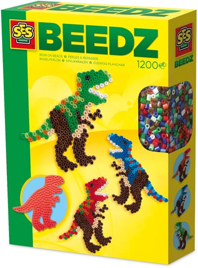 SES Creative - Beedz - Dino - T-Rex - 1200 Strijkkralen met Grondplaten en Strijkvellen - Vanaf 5 Jaar