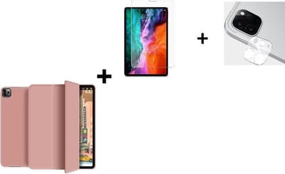 Geschikt voor iPad Pro 11 2021 Hoesje - iPad Pro 11 2021 Screenprotector - iPad Pro 11 2021 Camera Lens Protector - 11 inch -Tri fold book case hoesje TPU Back Cover met stand Rose Goud + Tempered Glass + Camera Lens Protector