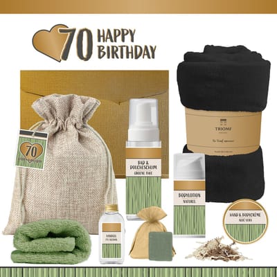 Geschenkset “70 Happy Birthday” - 8 producten - 1140 gram - Triomf Cosmetica | Luxe wellness Cadeaubox voor haar Giftset Feestje Verjaardag Zeventig jaar Cadeau Pakket Gefeliciteerd Verjaardagscadeau Vrouw Party Seventy Years Hartje Goud Groen Zwart