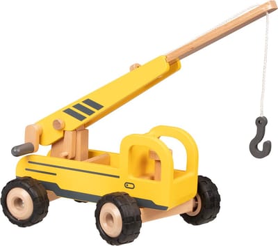 Houten voertuig: MOBIELE KRAAN 28x16,7x15,6cm, met rubberen banden, 3+