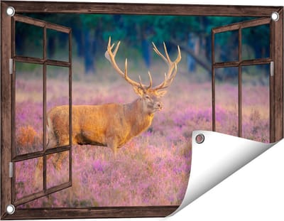Gards Tuinposter Doorkijk Hert in de Weide tijdens Zonsondergang - 60x40 cm - Tuindoek - Tuindecoratie - Wanddecoratie buiten - Tuinschilderij