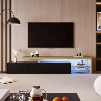 LED-tv-meubel, afmetingen 200x42x39 cm, hoogglans afwerking, met opbergruimte, twee glazen planken en sfeerverlichting zwart