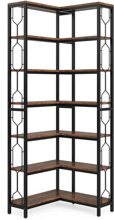 NaevaMi Hoekkast - hoekrek - hoekkastje - hoekkast vakkenkast - hoekmeubel - Boekenkast - 7 Laags - Industrieel - Hout - Metaal - Bruin/Zwart - 60x60x200cm