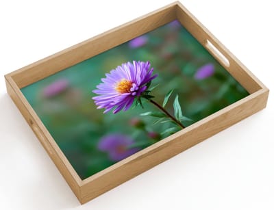 Dienblad hout 40x30 cm - Schootdienblad - Aster - Paars - Bloem - Blaadjes - Borrelplank rechthoek - Plateau dienbladen