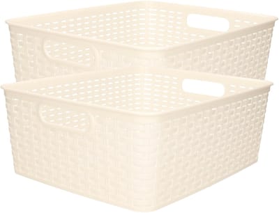 Plasticforte Opbergmand - 2x - Kastmand - rotan kunststof - creme wit - 12 Liter - 30 x 37 x 13 cm