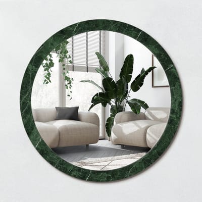 Wallfluent Bedrukte Ronde Spiegel - Ronde Wandspiegel Decoratieve Print Groen Marmer - 100 cm / 86 cm - Groente - Groente Ronde Spiegel Met Bedrukte Lijst - Badkamerspiegel - Gangspiegel - Eetkamer - Hal - Eenvoudige installatie